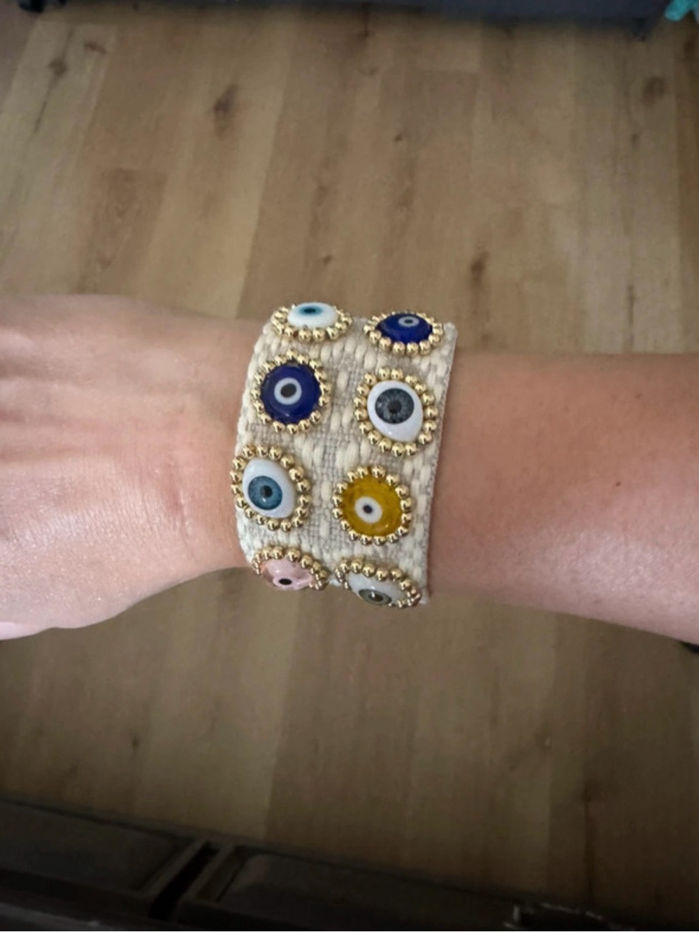 Beaded Evil Eye Cuff Bracelet - White with Multicolor Accents
